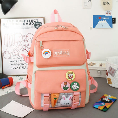 4-piece student school bag canvas contrast color backpack