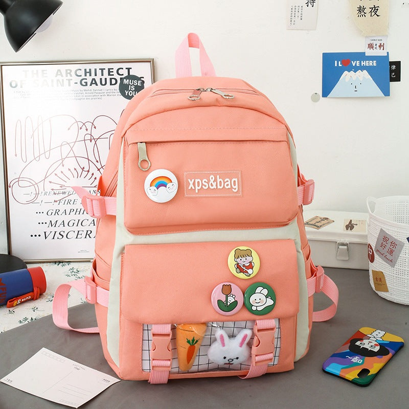 4-piece student school bag canvas contrast color backpack
