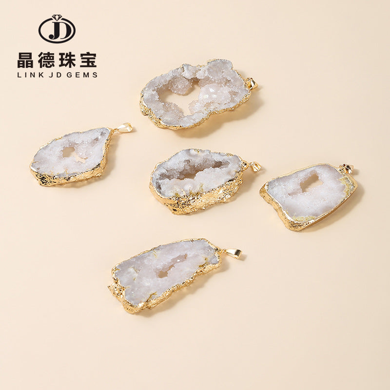 Electroplated gold edge agate crystal hole pendant