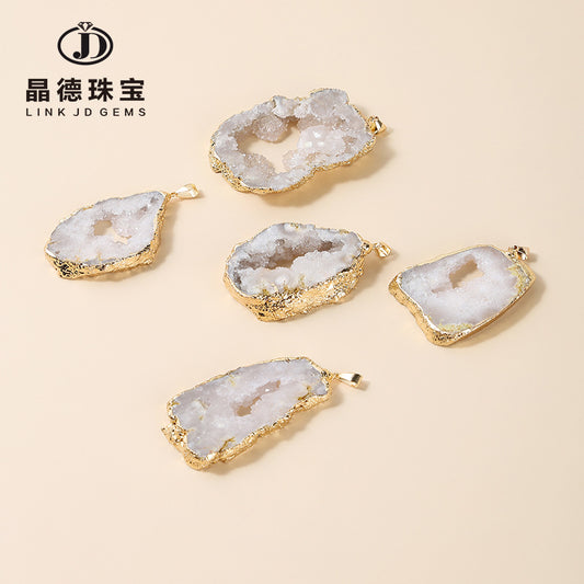 Electroplated gold edge agate crystal hole pendant
