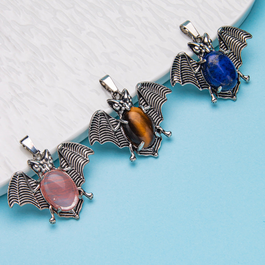 Agate gem alloy bat inlaid oval crystal pendant