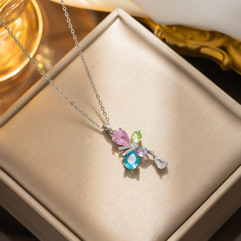 Elegant Butterfly Necklace with Colorful Zirconia