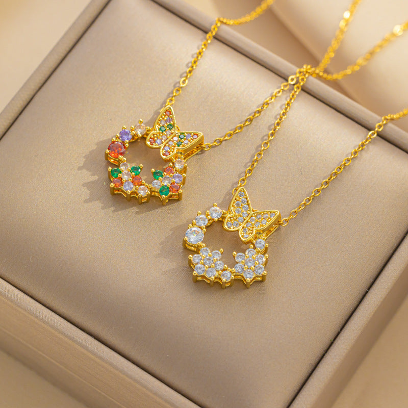 Chic Zircon Colorful Bow Donut Pendant New Titanium Steel Necklace