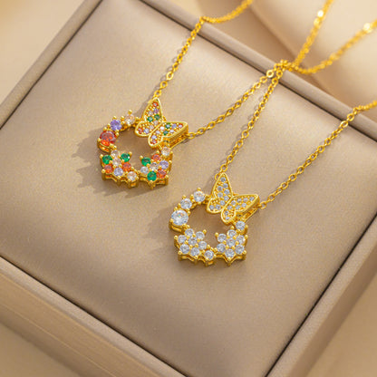 Chic Zircon Colorful Bow Donut Pendant New Titanium Steel Necklace