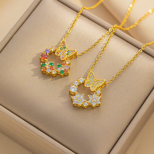 Chic Zircon Colorful Bow Donut Pendant New Titanium Steel Necklace