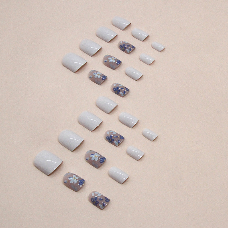 Short Blue Vintage Floral Square Fake Nails