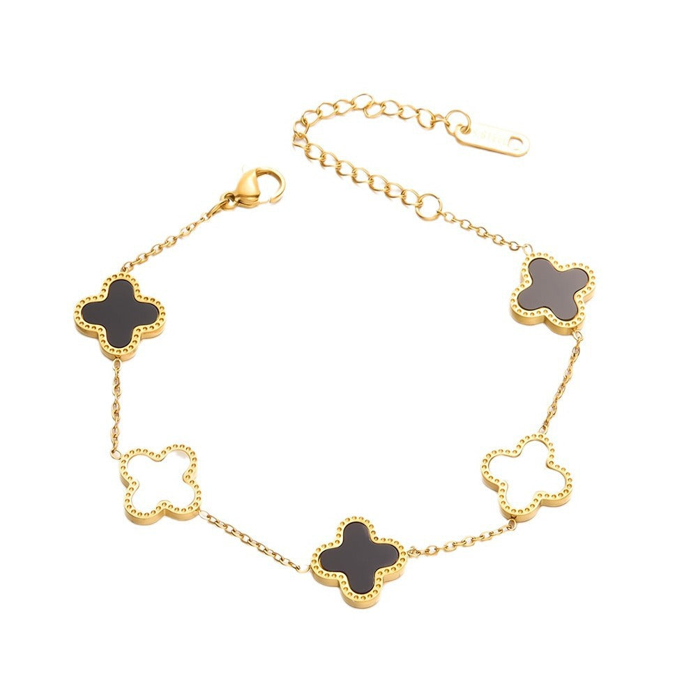 Black and white four-leaf clover titanium steel bracelet