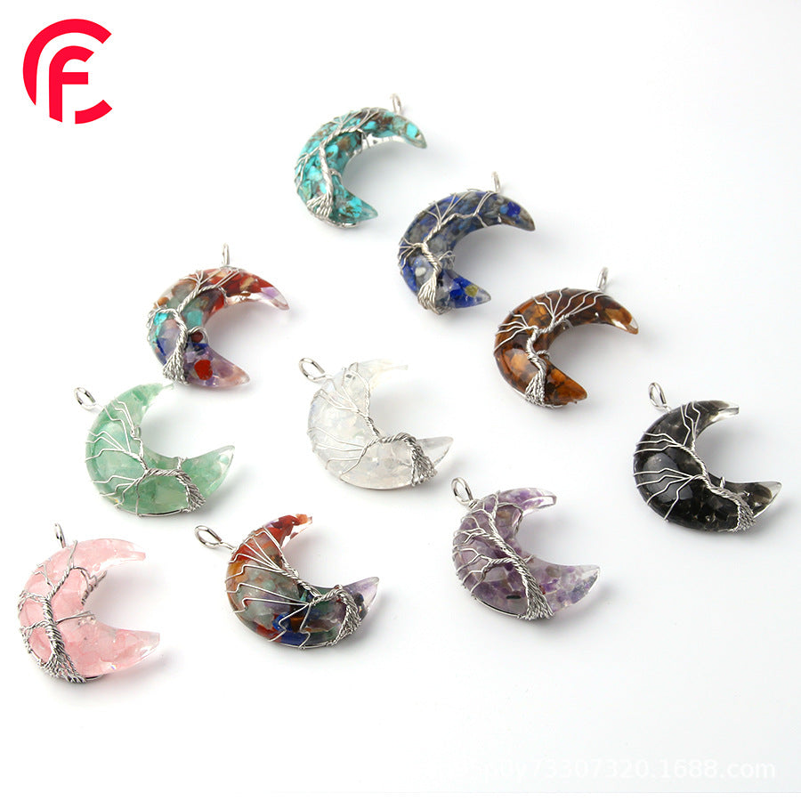 Pingente de cascalho da árvore da vida em forma de lua de cristal 