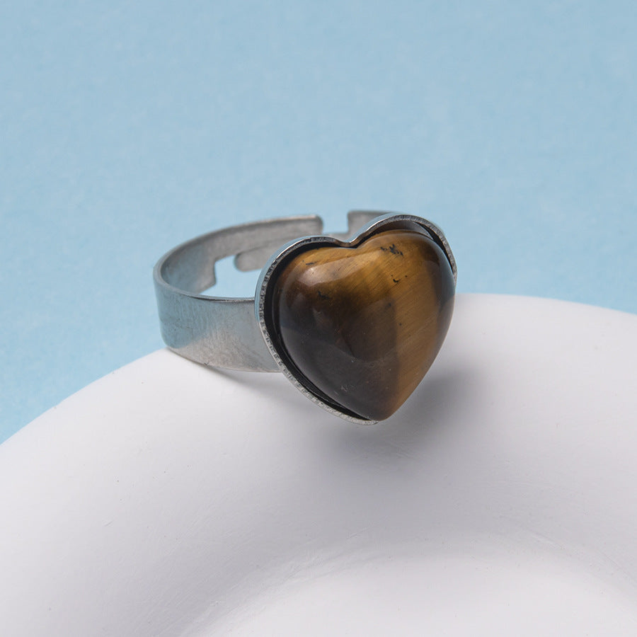 Anel de aço inoxidável ajustável de pedra natural em forma de coração 