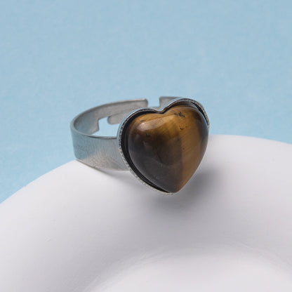 Anel de aço inoxidável ajustável de pedra natural em forma de coração 