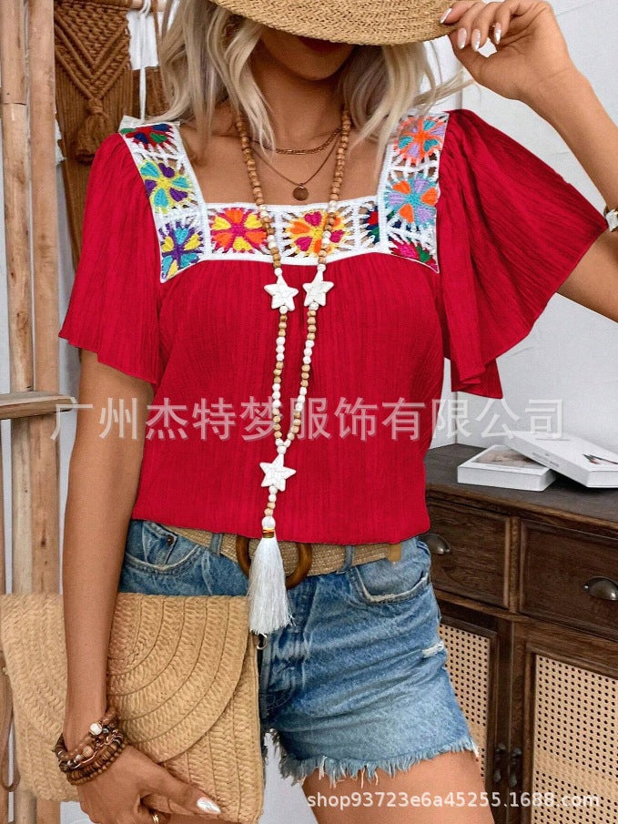 Square Neck Lace Short Sleeve Shirt