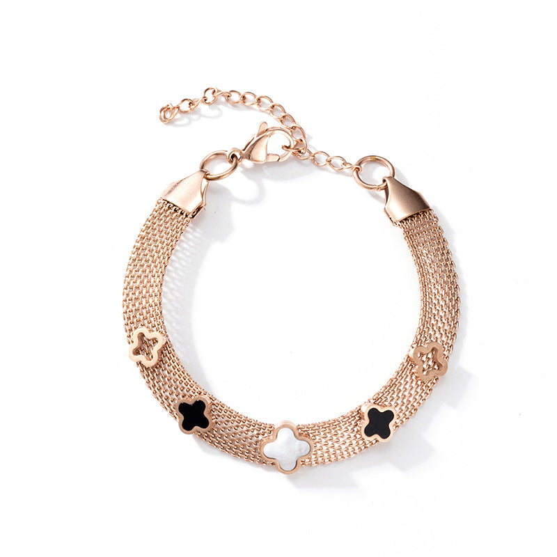 Fashion Stainless Steel Four-Leaf Clover Mesh Bracelet for Women - Durable and Color-Retaining