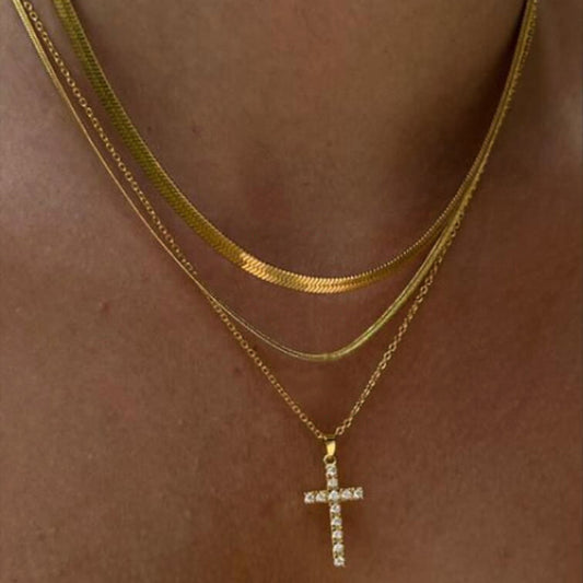 Diamond Cross Snake Bone Necklace Set (3-piece)