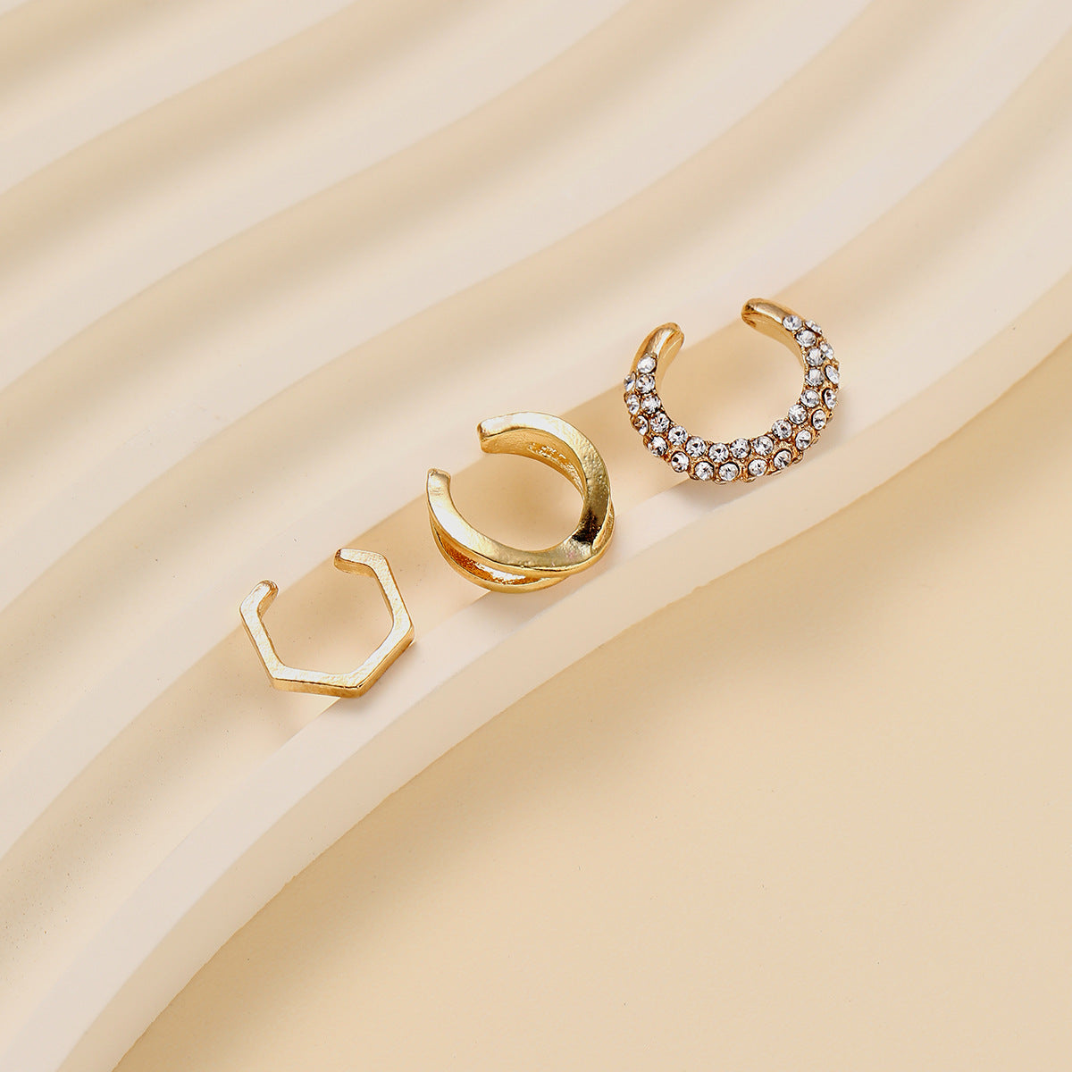 3-piece diamond-studded geometric C-shaped earrings set