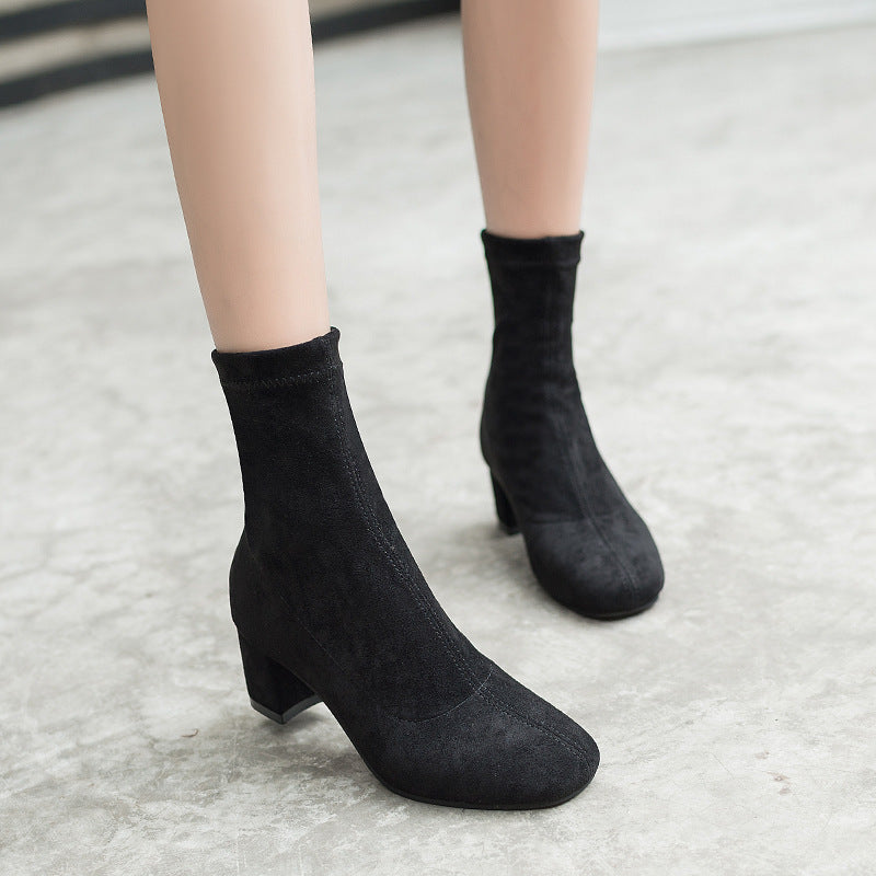 Suede Leather Boots Square Heel Short Boots