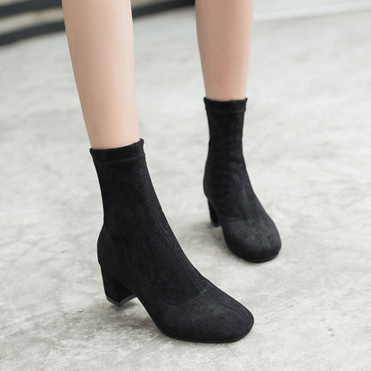 Suede Leather Boots Square Heel Short Boots