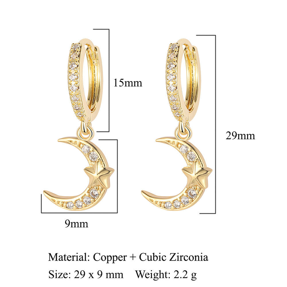 Crescent Star Flower Copper Zircon Women's Earrings