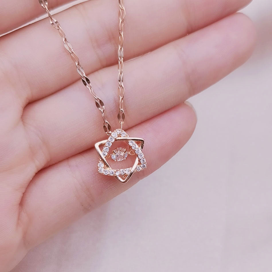 Korean 18K Rose Gold Hexagram Titanium Steel Necklace with Diamond Lock Pendant