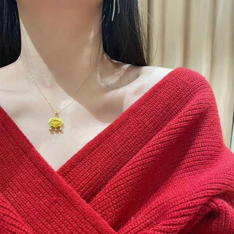 Women's "Fu Zi Ping An" Hollow Imitation-Gold Lock Necklace