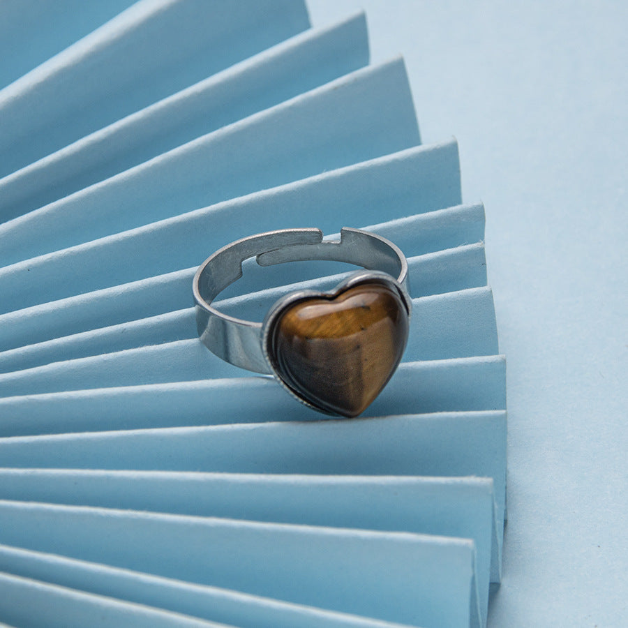 Anel de aço inoxidável ajustável de pedra natural em forma de coração 