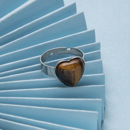 Anel de aço inoxidável ajustável de pedra natural em forma de coração 