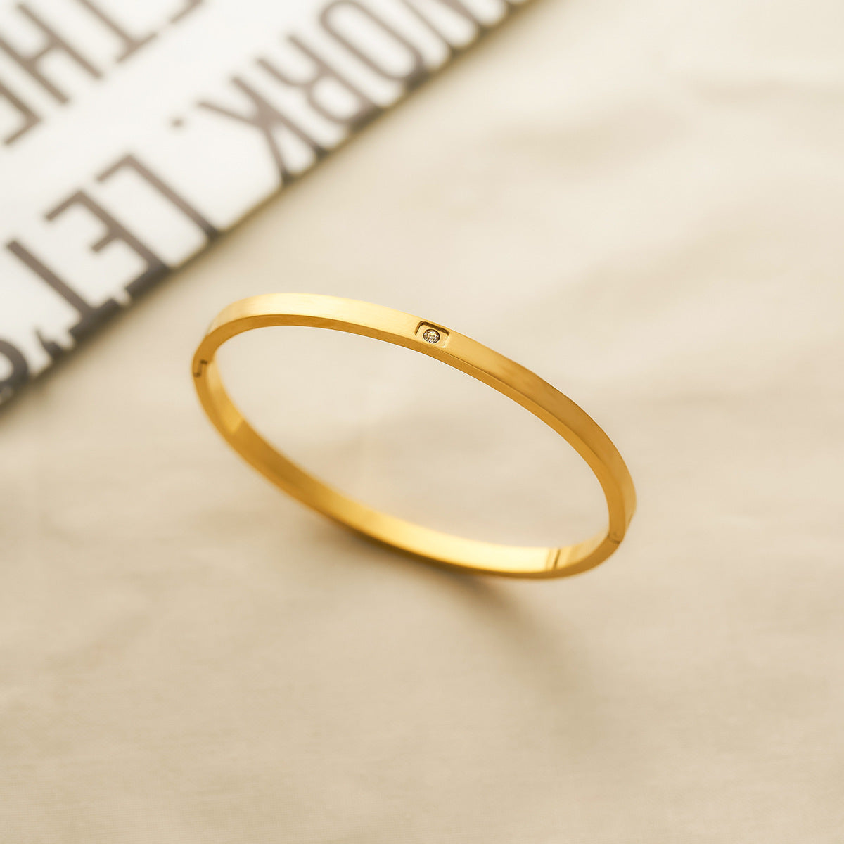 18K Gold-Plated Single Diamond Open Bracelet — 4mm Narrow