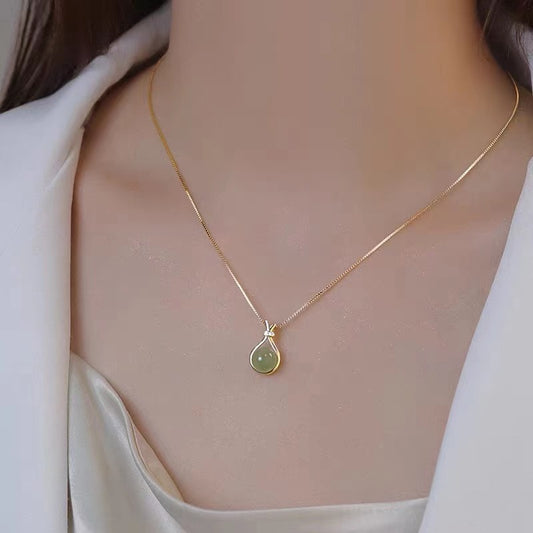 Women's Titanium Steel Collarbone Necklace with Imitation Hetian Jade Lucky Bag