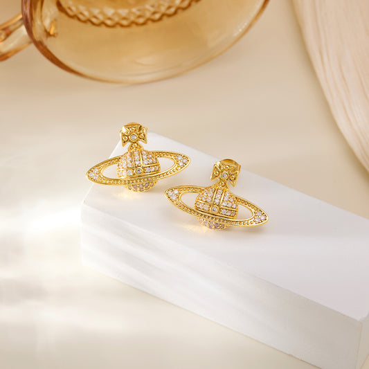 Saturn Planet Stud Earrings with Sparkling Stones