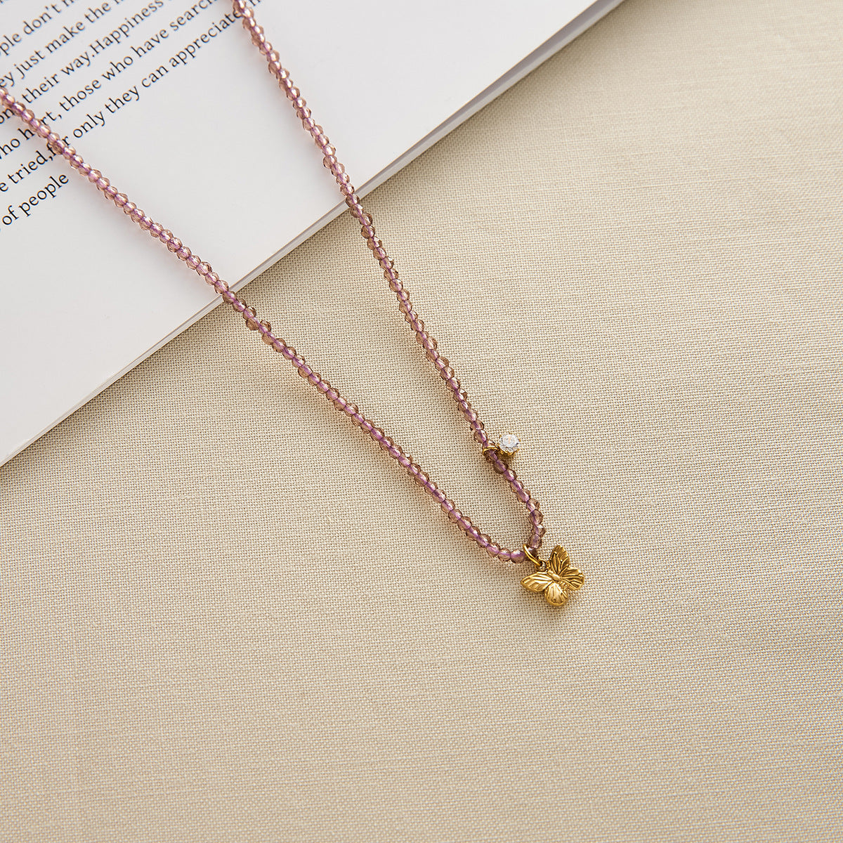 Women's Handmade Stainless Steel Butterfly Necklace with Diamond Bead Chain
