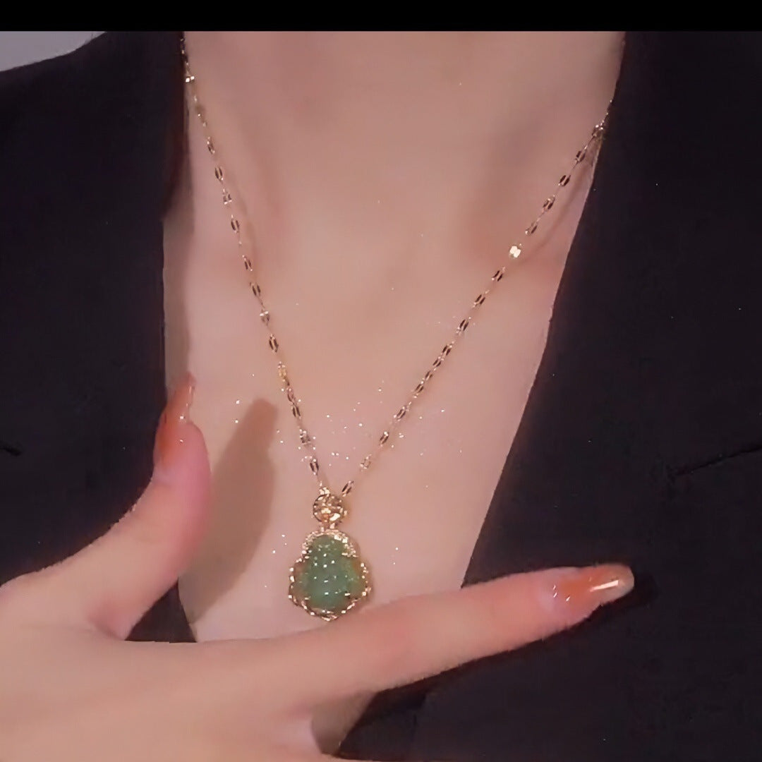 Maitreya Buddha Imitation Jade Titanium Steel Clavicle Necklace — Women's Light-Luxury