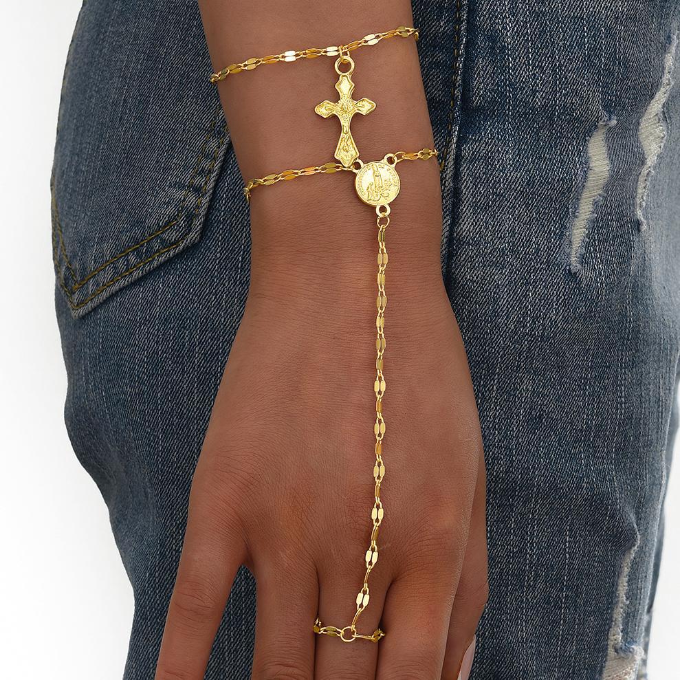 Coin Pendant Cross Finger Bracelet Set