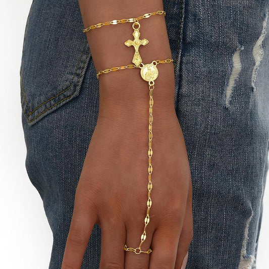 Coin Pendant Cross Finger Bracelet Set