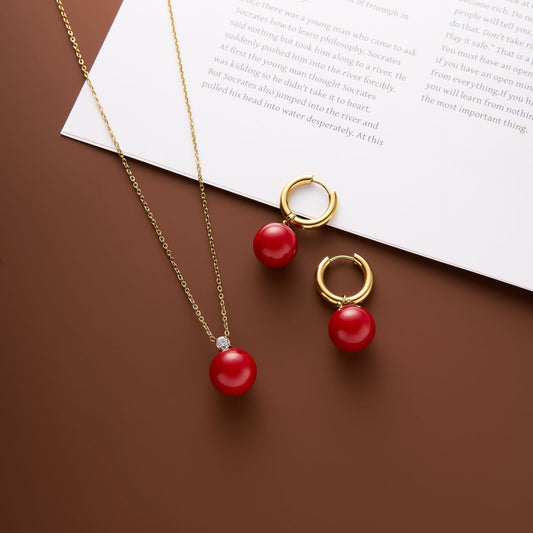 Titanium Steel Burgundy Agate Necklace & Earring Set