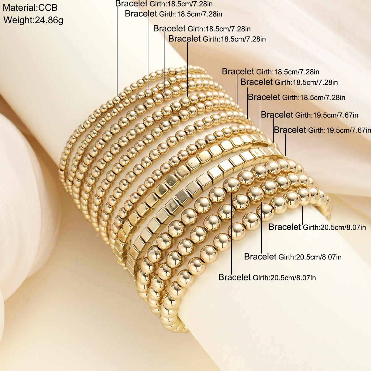 Gold Square & Round Bead Bracelet Set (12-Piece)