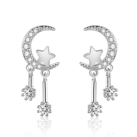Copper inlaid 5A zircon star and moon stud earrings
