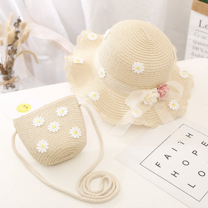 Conjunto de sombrero para el sol para niñas, nuevo bolso de paja de verano, princesa UV para bebés 