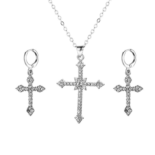 Rhinestone Cross Necklace & Earring Set