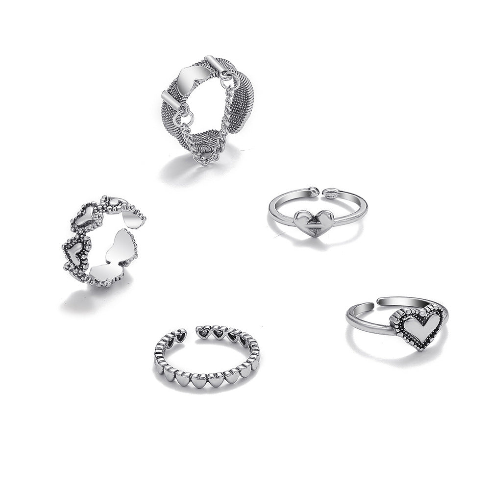 Retro Geometric Open Heart Ring 5-Piece Set