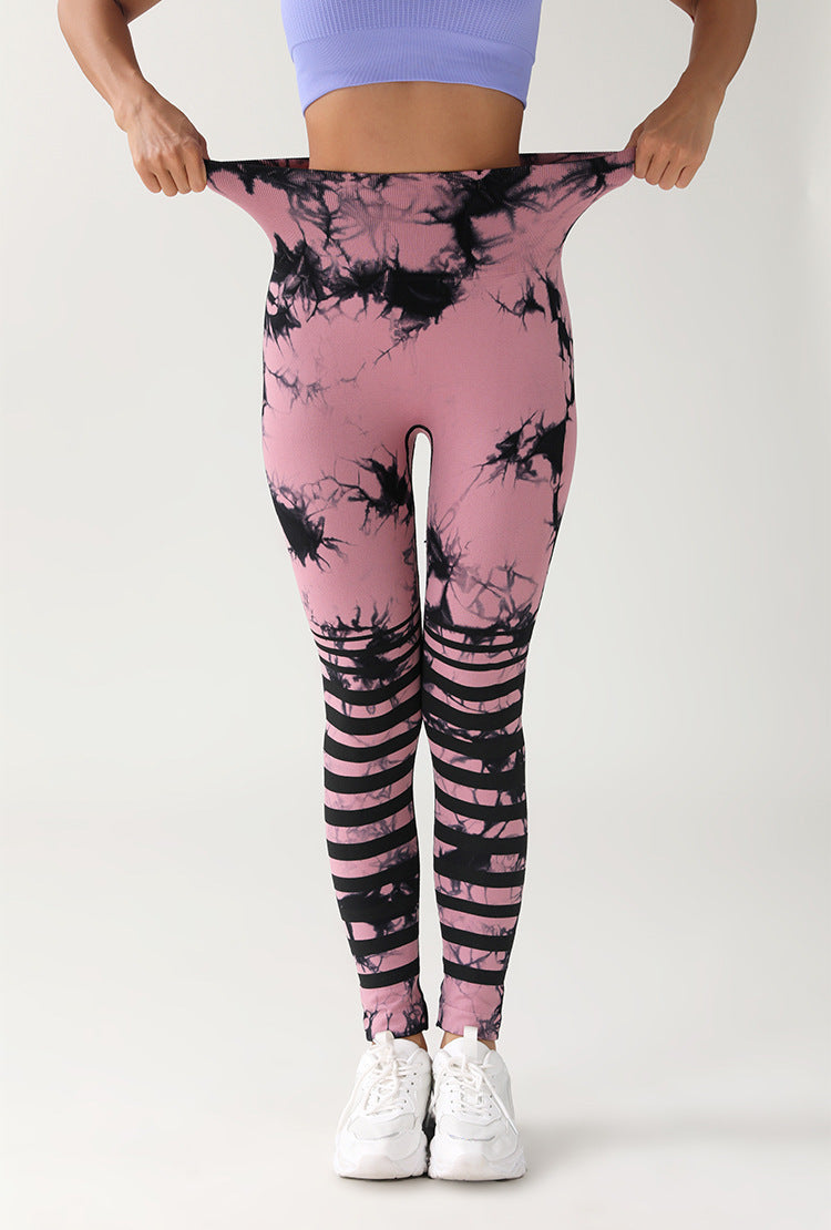 Euro Trendy Pantalones de yoga con levantamiento de glúteos y cintura alta sin costuras con efecto tie-dye 