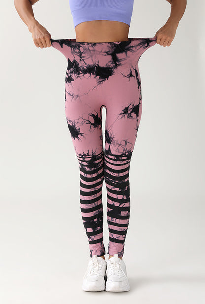 Euro Trendy Pantalones de yoga con levantamiento de glúteos y cintura alta sin costuras con efecto tie-dye 