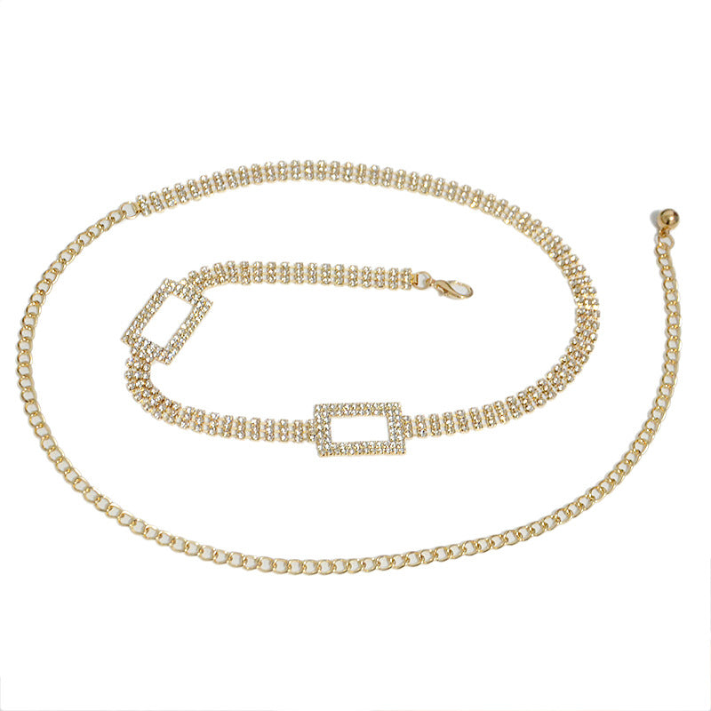 Rhinestone inlaid rectangular buckle waist chain
