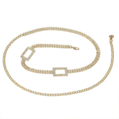 Rhinestone inlaid rectangular buckle waist chain
