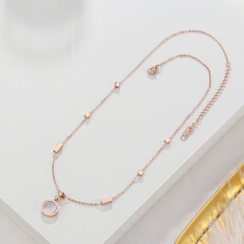 Rose Gold Titanium-Steel Double-Sided Shell Necklace with Roman Letter Pendant