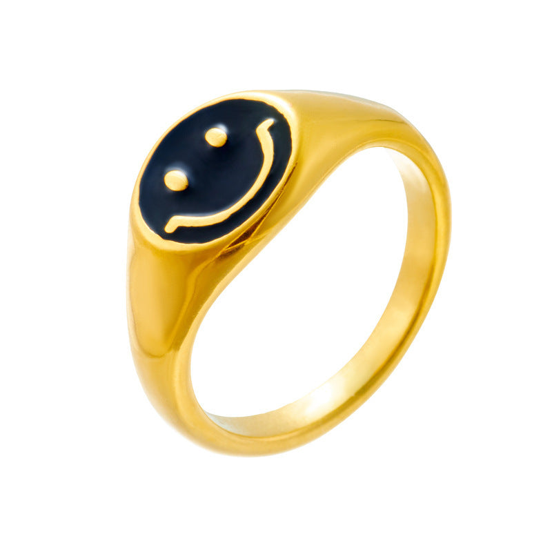 Gold Titanium-Steel Smiley Glaze Fashion Ring