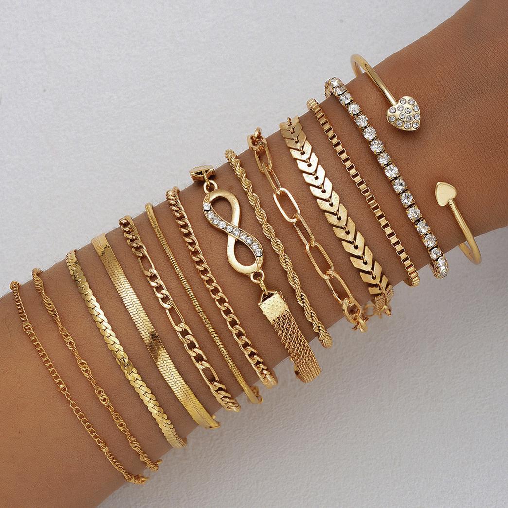 14-Piece Diamond Love & Snake Chain Bracelet Set