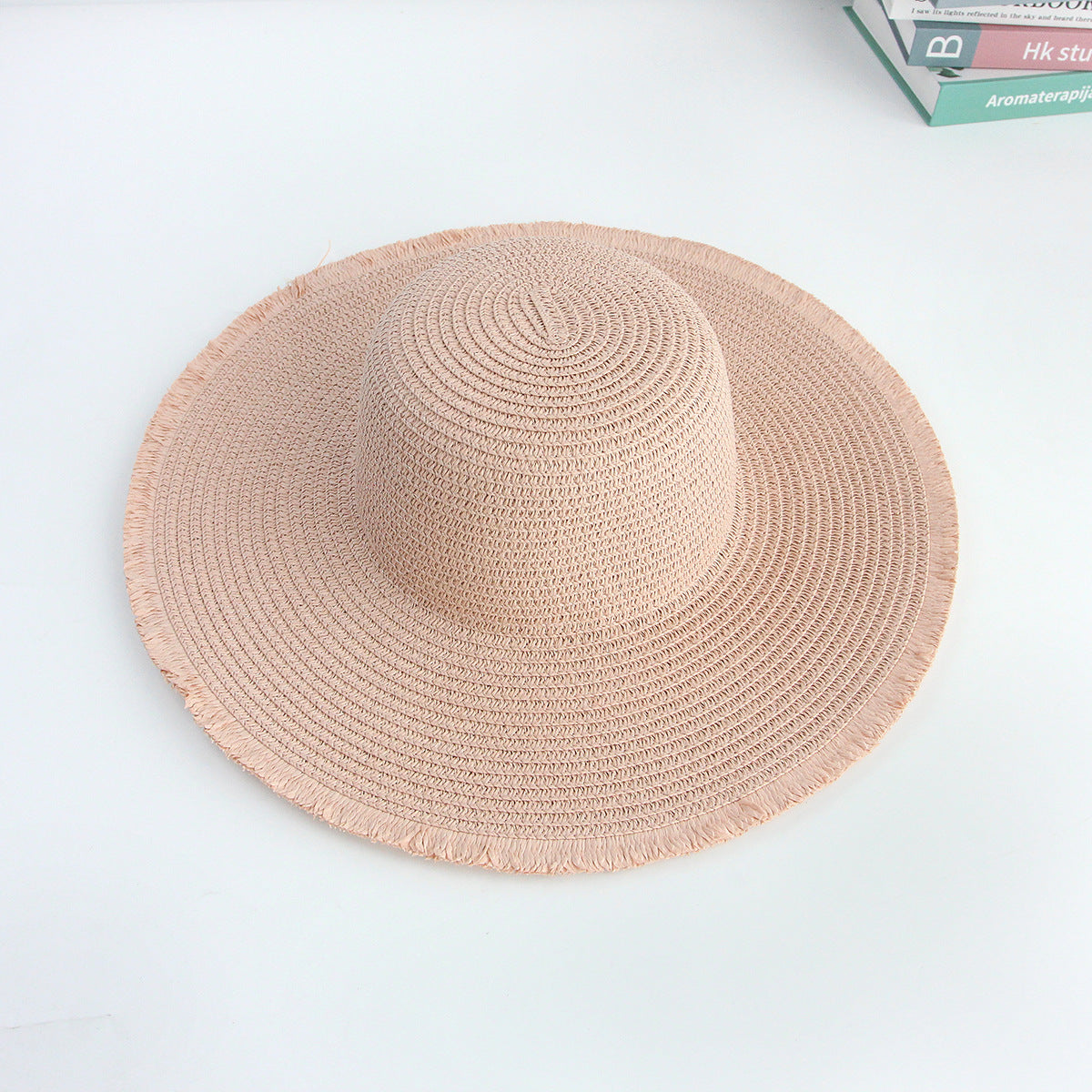 Frayed Wide-Brim Straw Hat Women Summer Sun Protection DIY Blank Vacation Hat