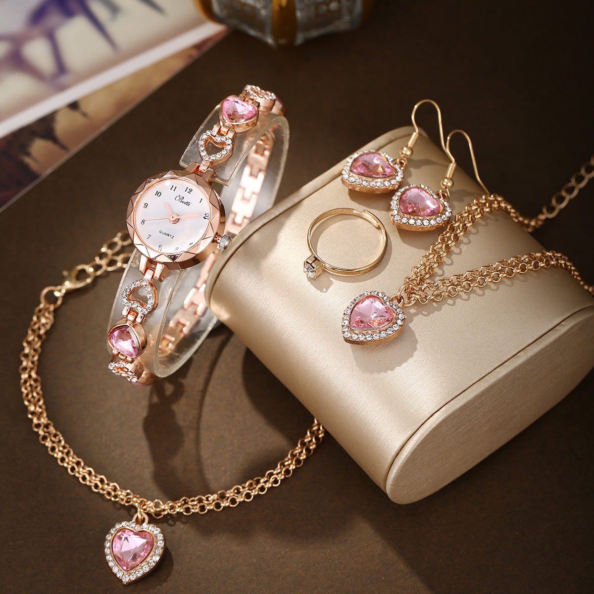 Quartz bracelet watch pink peach heart jewelry set
