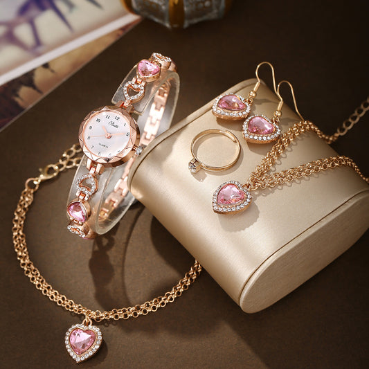Quartz bracelet watch pink peach heart jewelry set