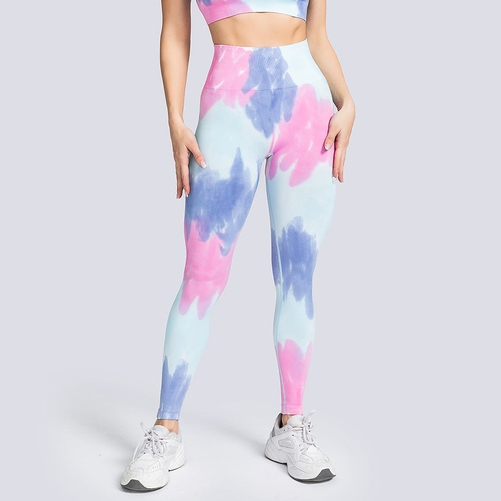 Conjunto de yoga de cintura alta con efecto tie-dye sin costuras 