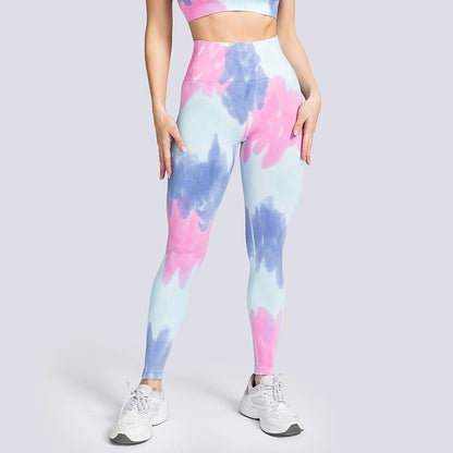 Conjunto de yoga de cintura alta con efecto tie-dye sin costuras 